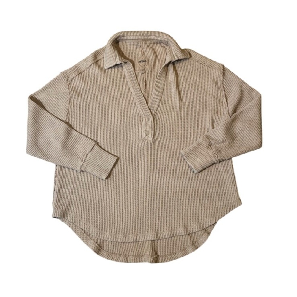 AERIE Beige/Tan LUMBERJANE WAFFLE POLO TOP Thermal Sweatshirt Rounded Hem XXL - Picture 2 of 4